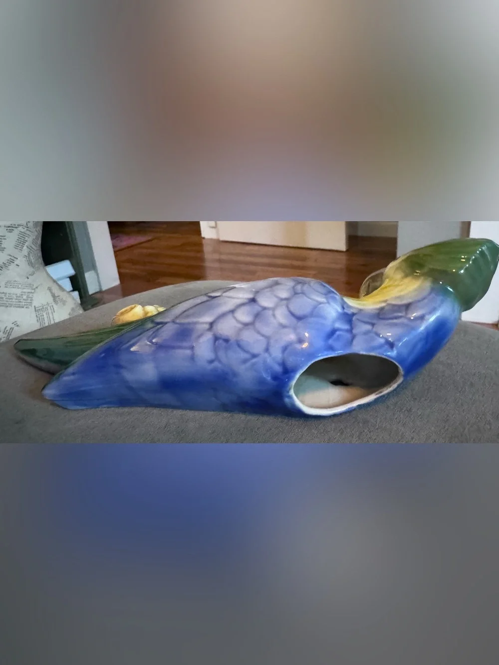 Pair of Vintage Hand-Painted Ceramic Parrot Wall Vases — Blue, Yellow & Green